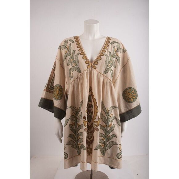 Zara Womens Mini Dress Kaftan M Beige Embroidered Linen Blend 5107/055 NWT - Picture 2 of 7